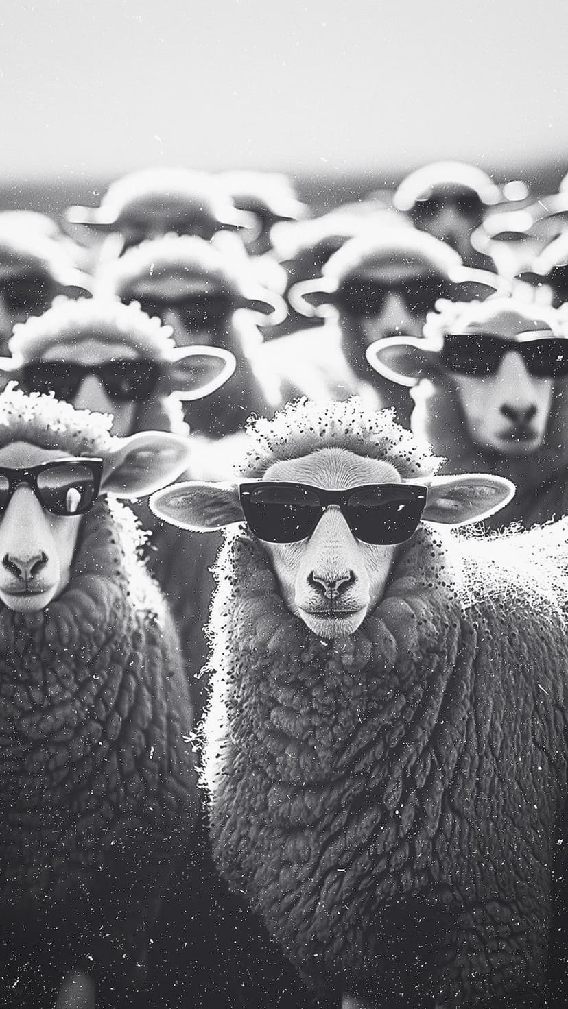 Sheep wearing dark sunglasses pose for a close-up portrait in a high-contrast black and white composition.