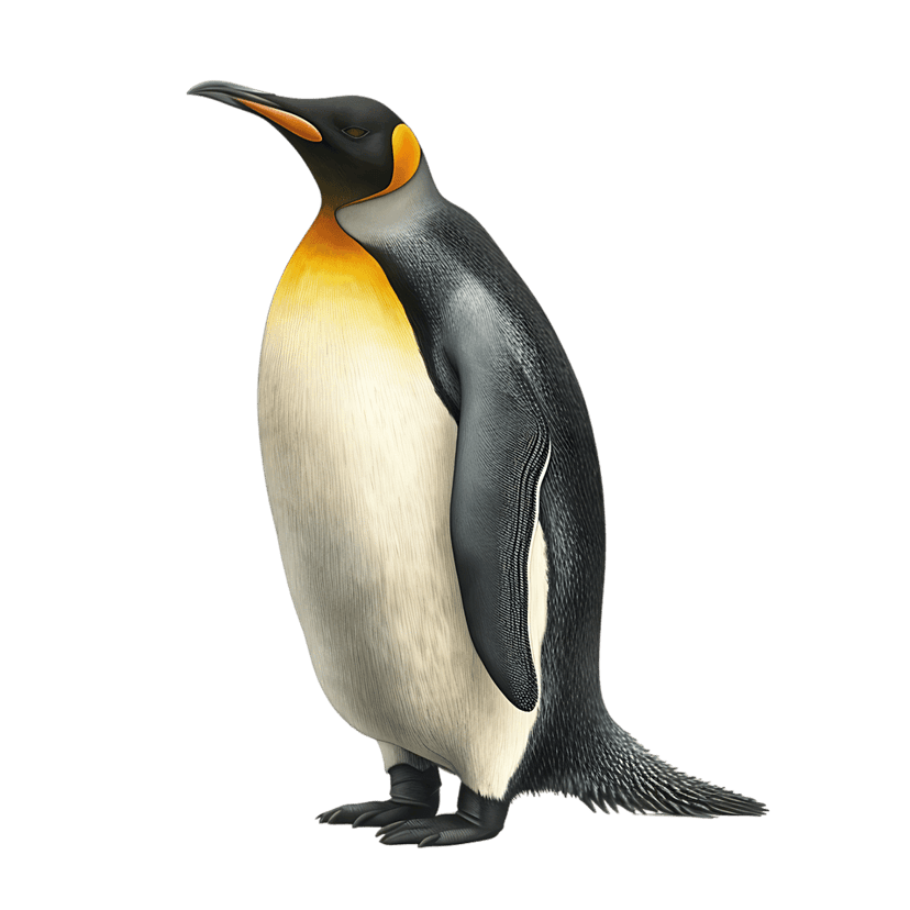 King penguin standing in profile shows detailed black and white feathers with bright orange markings on its neck.