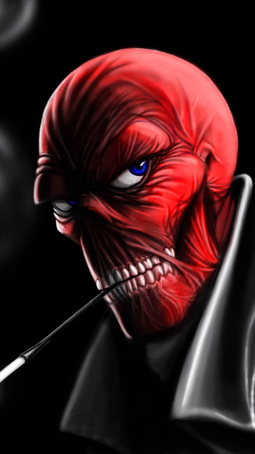 Red Skull with textured crimson skin and glowing blue eyes holds a long cigarette holder against a black backdrop.