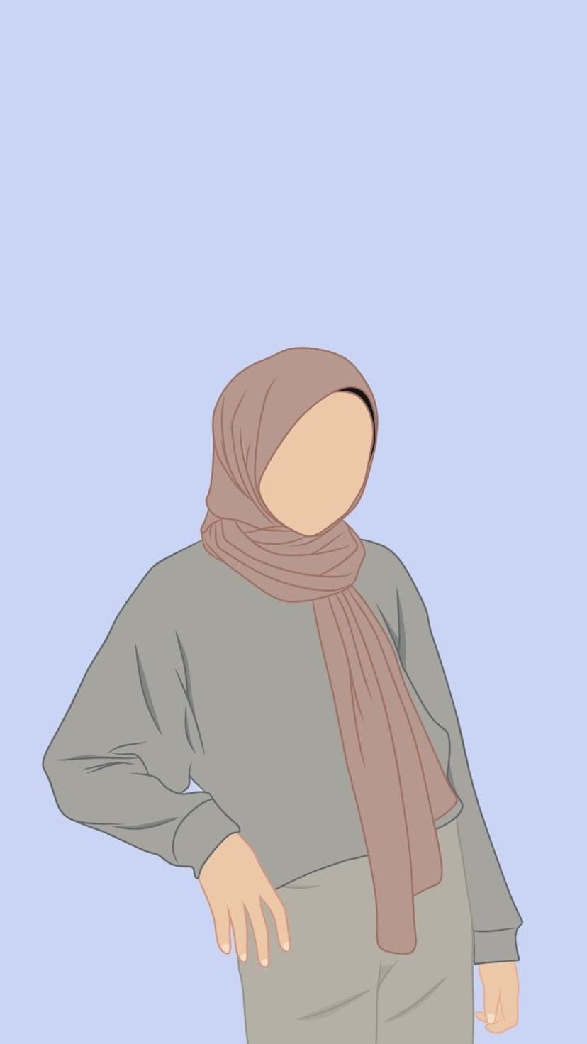Muslim woman wearing a grey knit sweater and hijab stands against a solid pastel blue background in a flat style.
