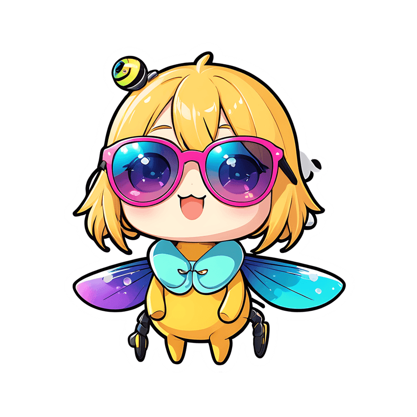 Yellow insect sticker featuring large gradient sunglasses and iridescent purple wings on a dark background.