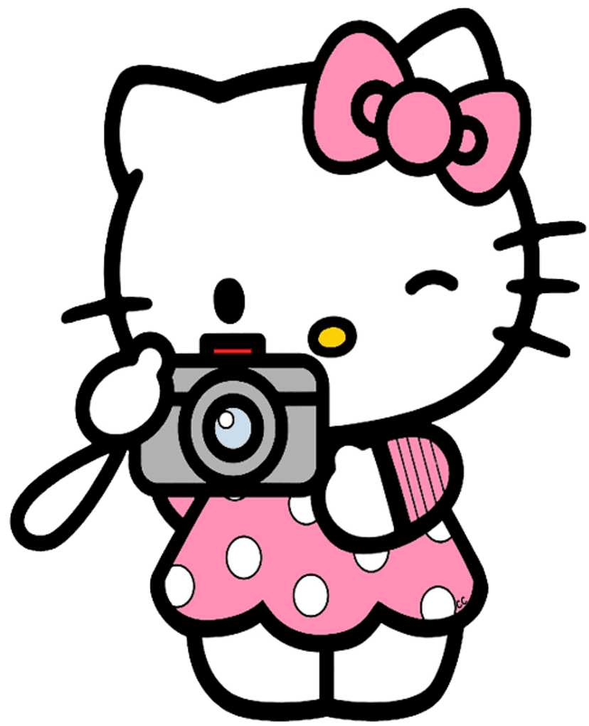 Hello Kitty character vector holding a small gray camera with a round lens and matte pink hair bow details.