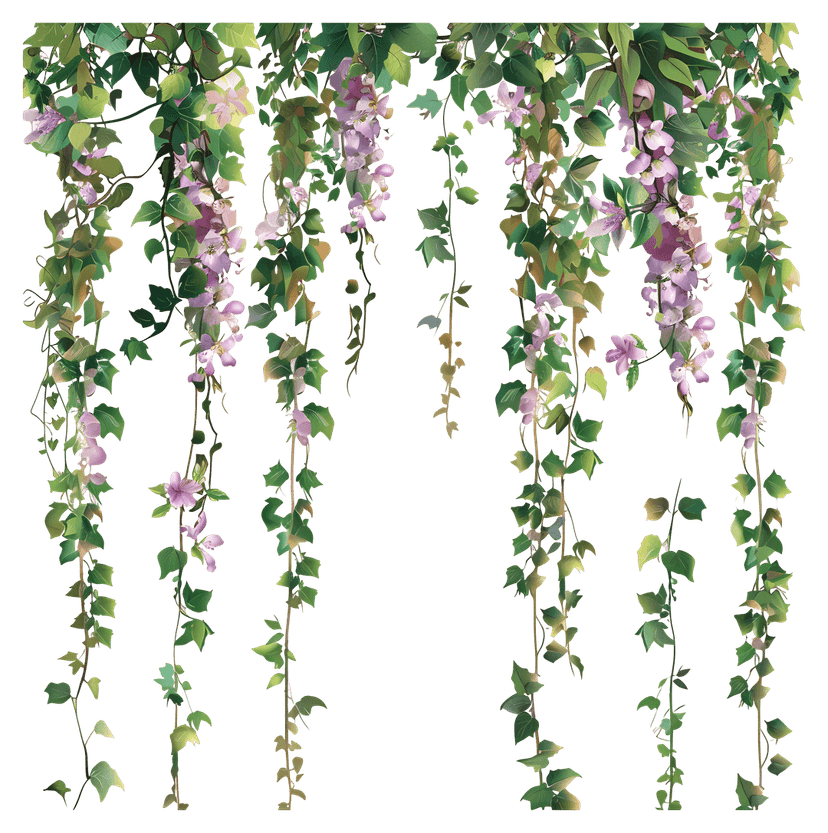 Flowering hanging vines with green leaves and pink blossoms cascade downwards against a transparent background.