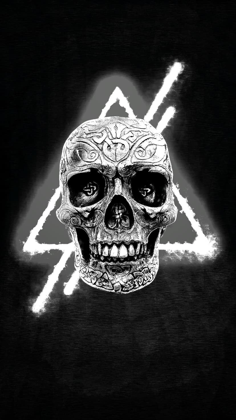 Ornate skull with intricate engravings positioned in front of a glowing neon blue triangle on a black background.