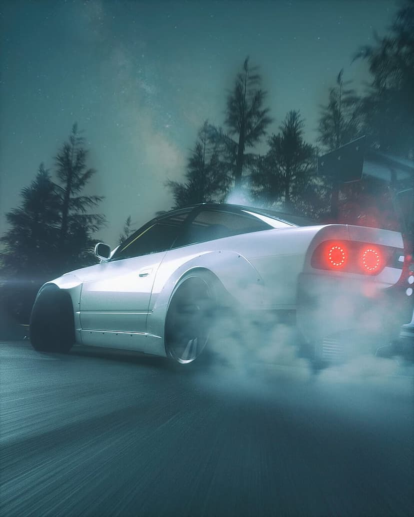 White sports car drifting on a dark road with red taillights glowing under a starry Milky Way galaxy sky.