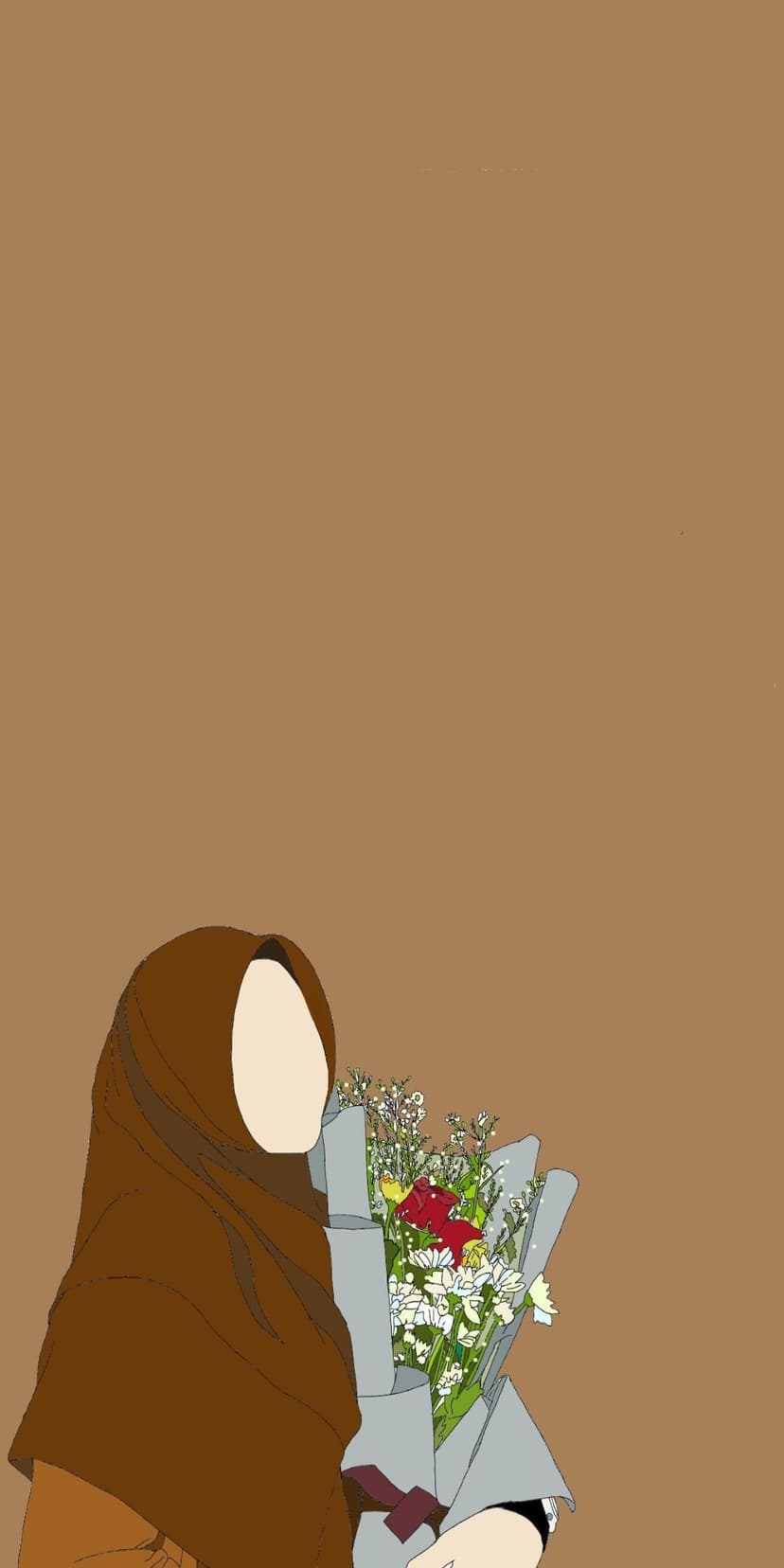 Woman in a brown hijab holds a bouquet of red and white flowers against a solid earth-tone background.