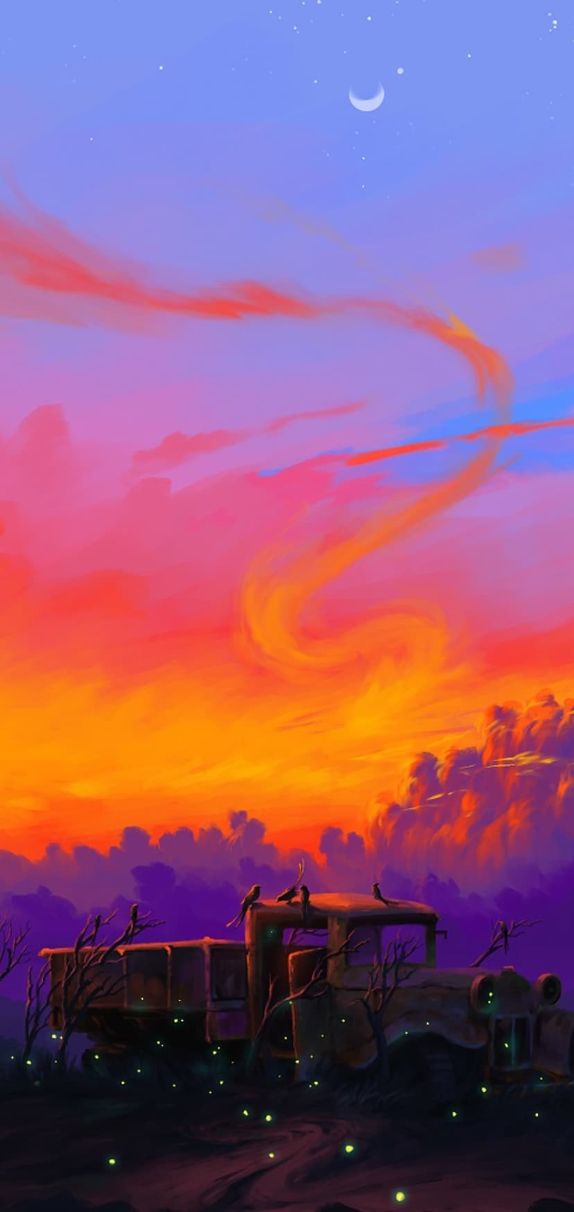 Abandoned pickup truck with perched ravens under a swirling purple and orange twilight sky with a crescent moon