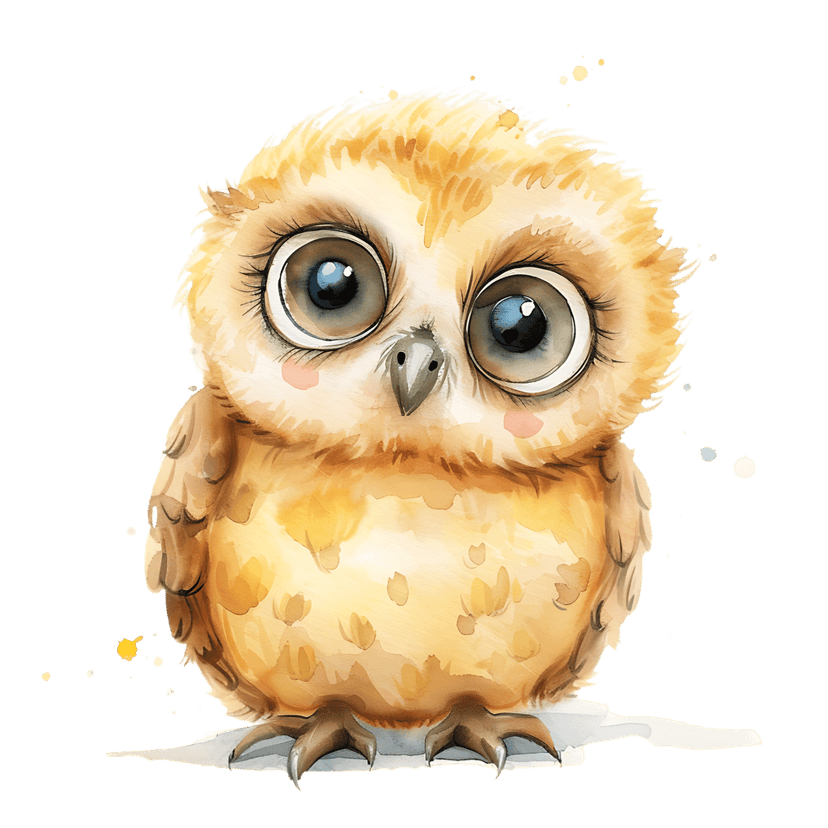 Watercolor baby owl illustration features large expressive eyes and soft brown plumage on a transparent background.