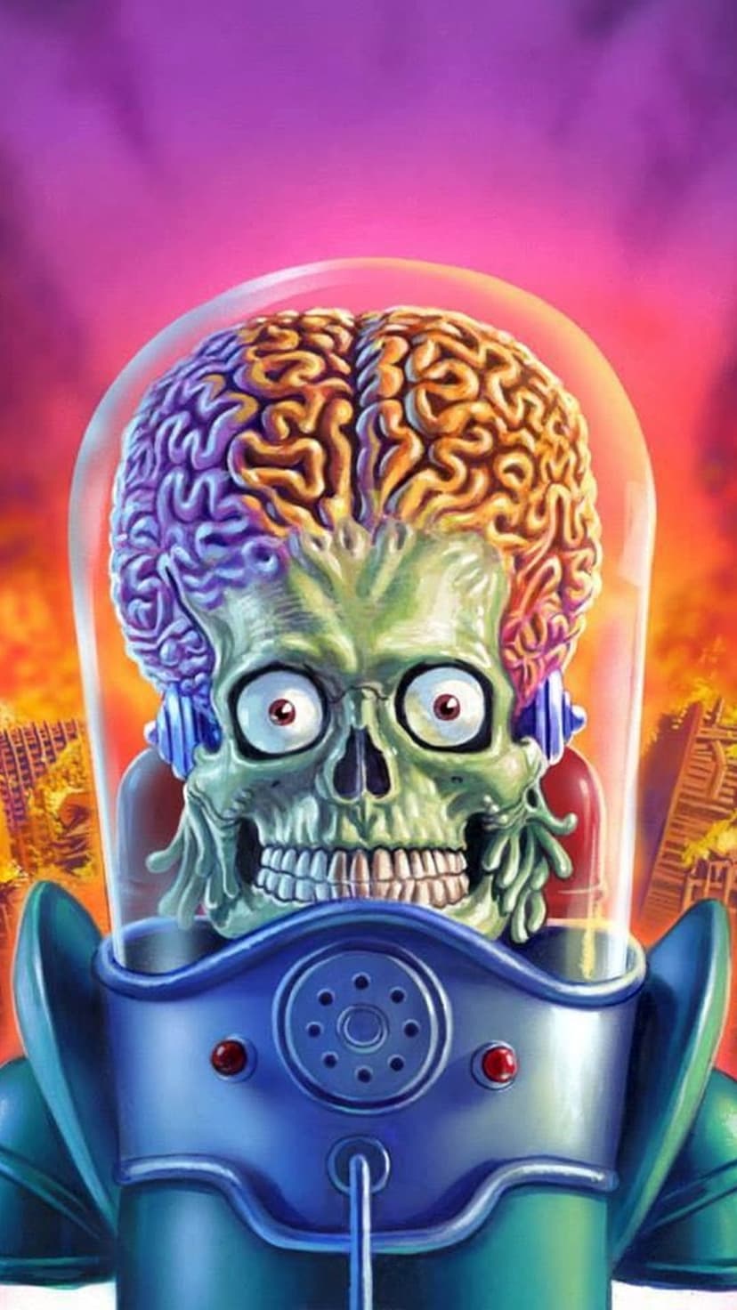 Martian alien with an exposed purple brain, glowing eyes, and skeletal face inside a glass space helmet.