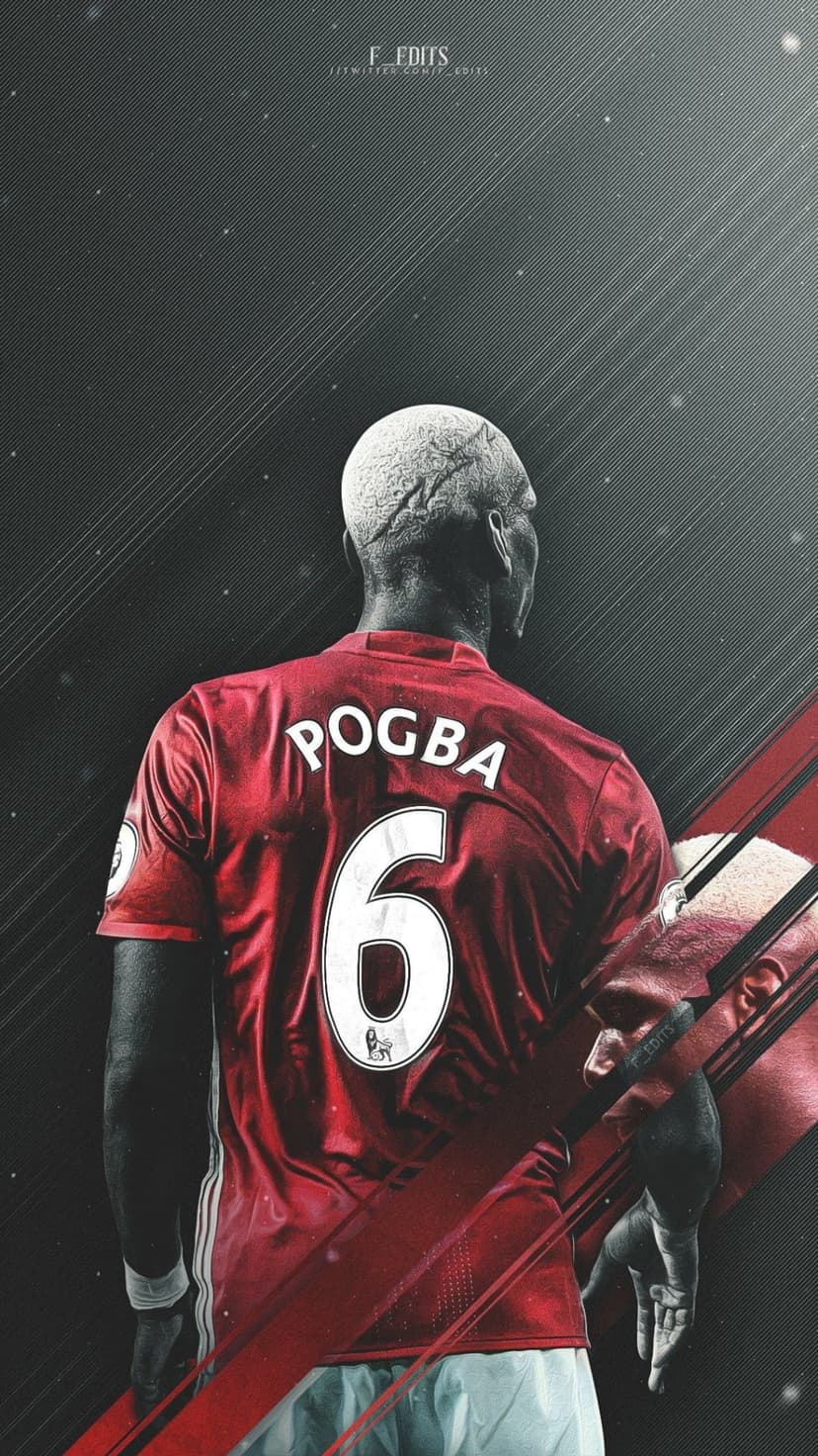 Paul Pogba from behind in a red Manchester United jersey with number 6 on a dark background with red accents.