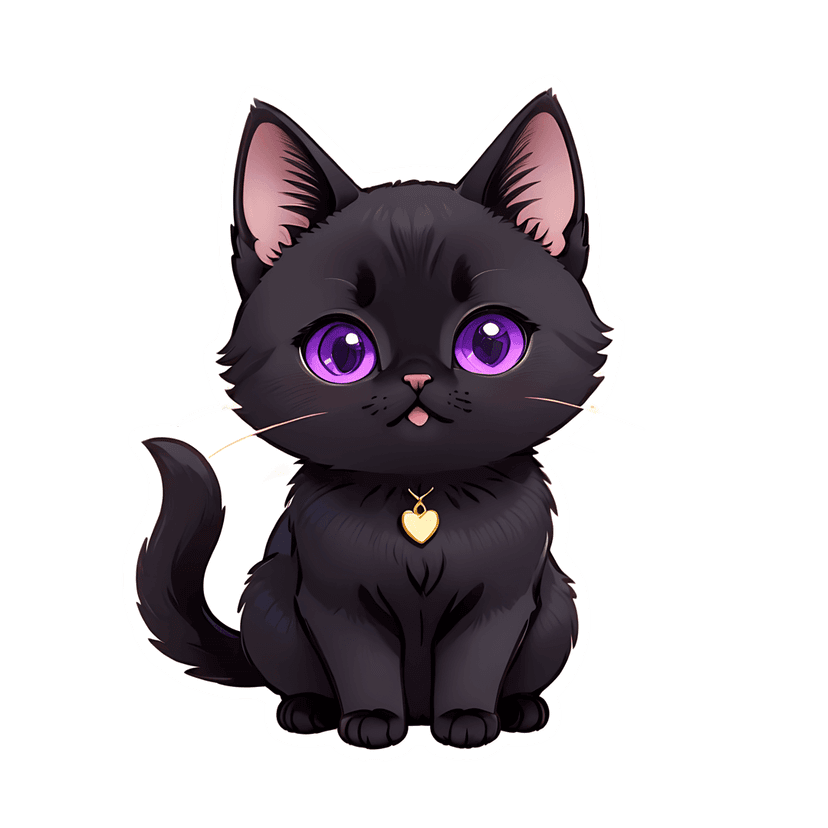 Black kitten sticker with purple eyes and a gold heart collar sits facing forward against a white outline.