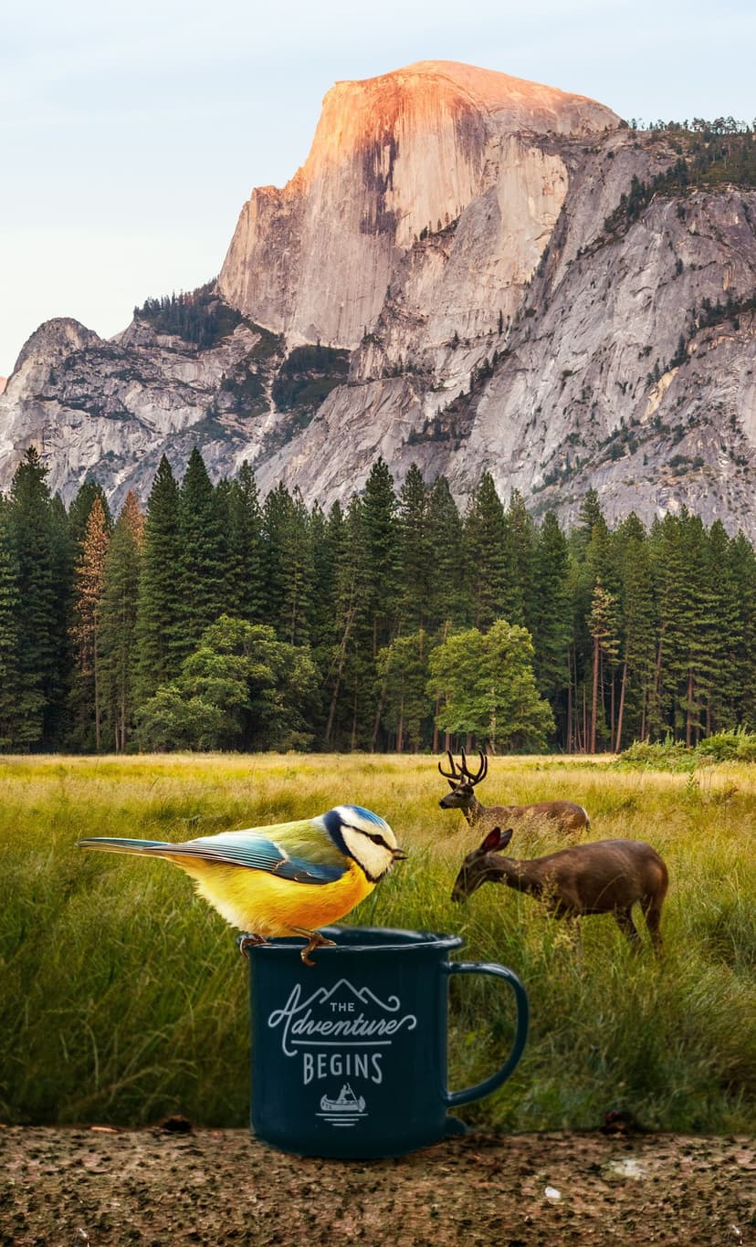 Blue and yellow bird on an enamel mug with deer and sunset mountains in a pine forest meadow background.