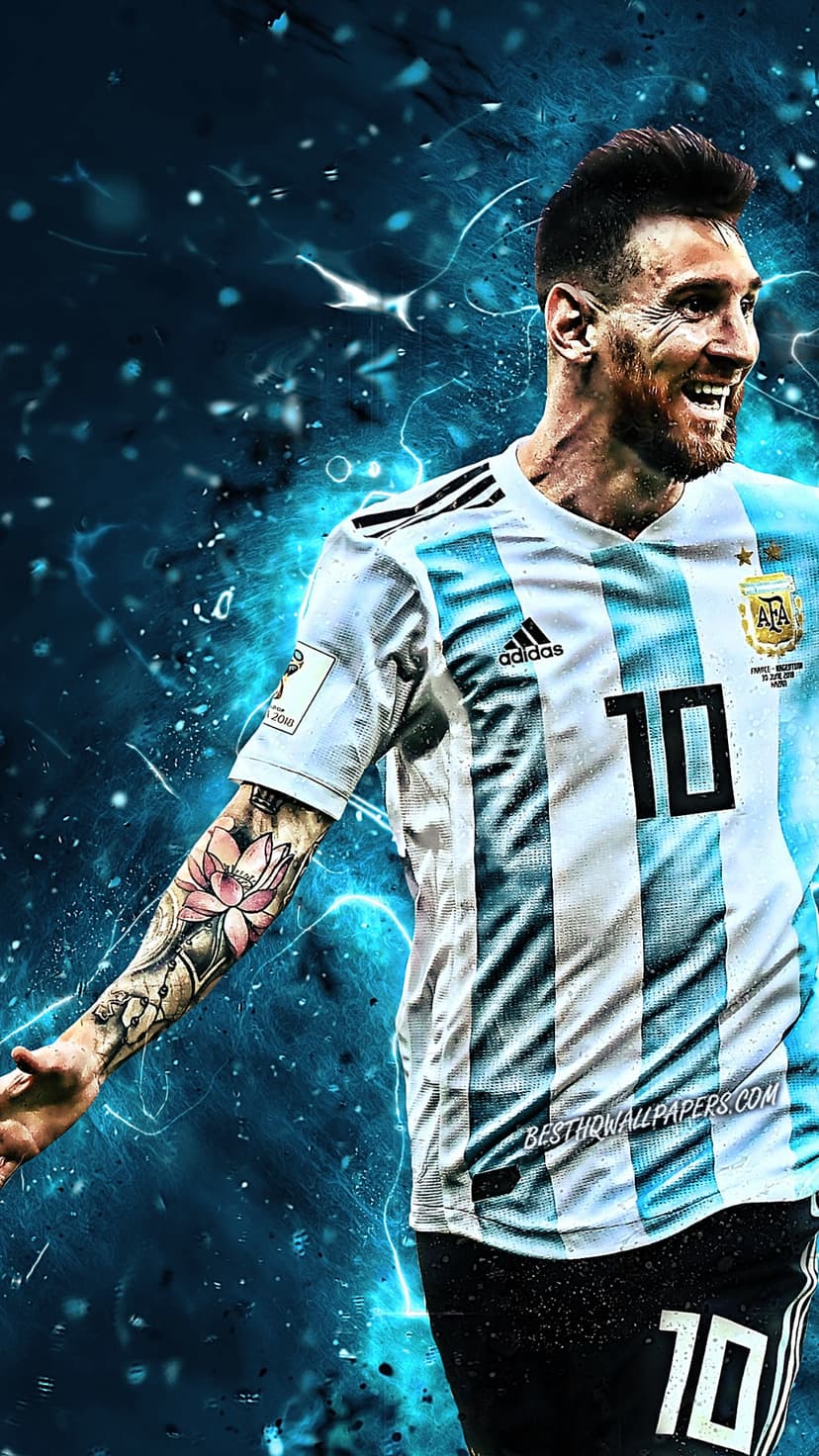 Lionel Messi wearing an Argentina jersey with the number ten visible against glowing blue light effects.
