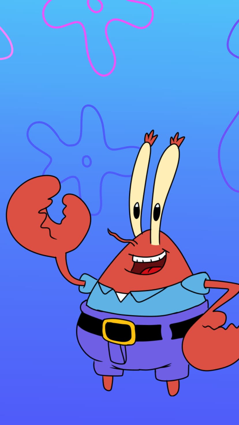 Mr. Krabs displays a wide toothy grin and large claws against a bubbly blue sea background in a vertical view.