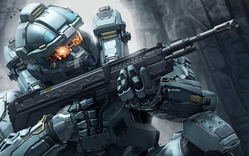 Cyan armored Spartan soldier aiming a black rifle with glowing orange visor lights against a stone backdrop.