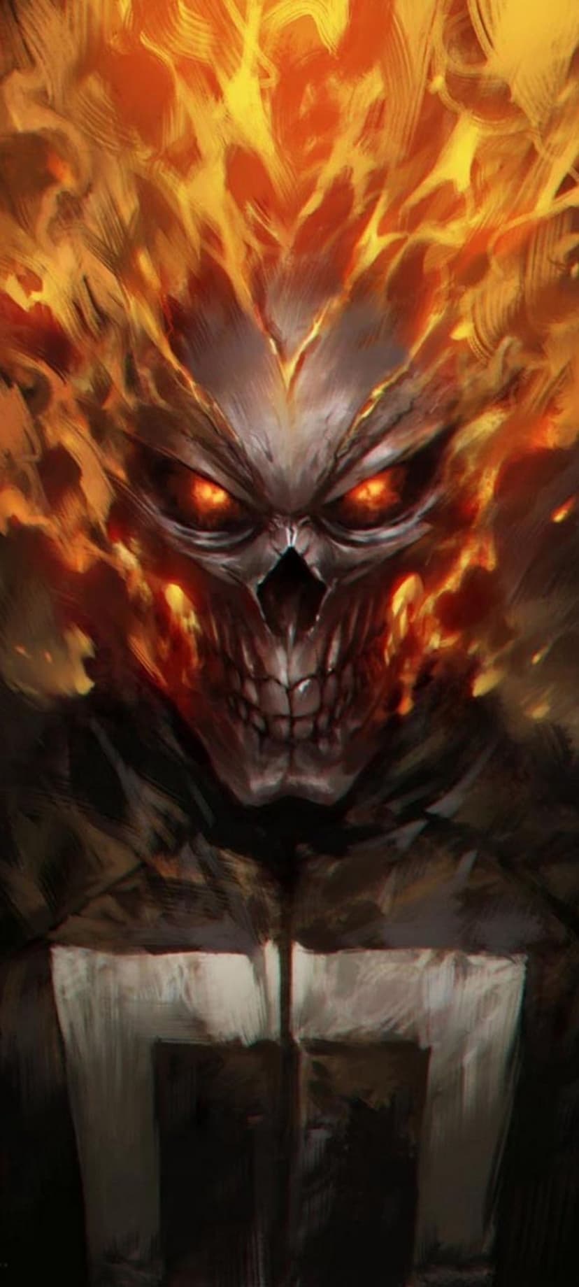 Ghost Rider skull engulfed in orange flames wears a black coat with a white symbol against a dark background.
