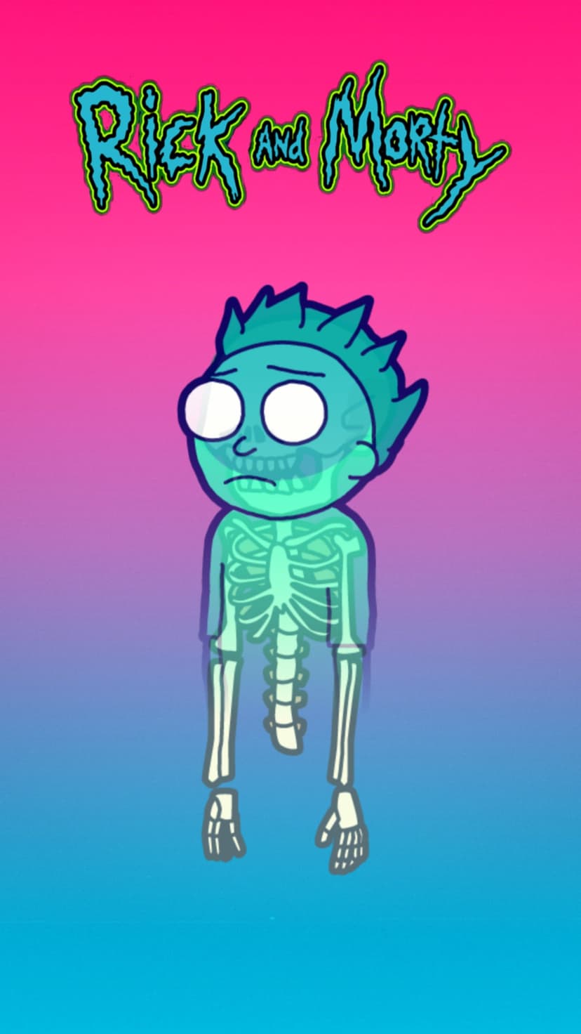 Morty Smith as a glowing teal skeleton standing against a soft pink and blue gradient with the show logo above.
