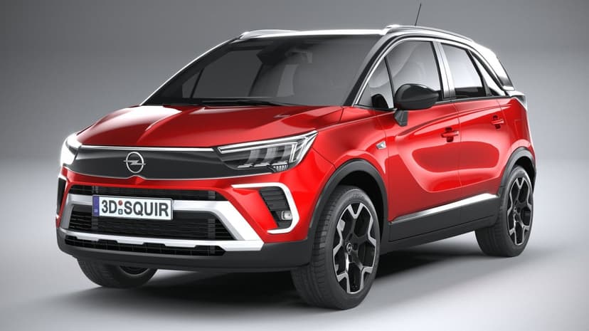 Red Opel Crossland SUV with silver roof and black wheels on a grey studio background for desktop screens.