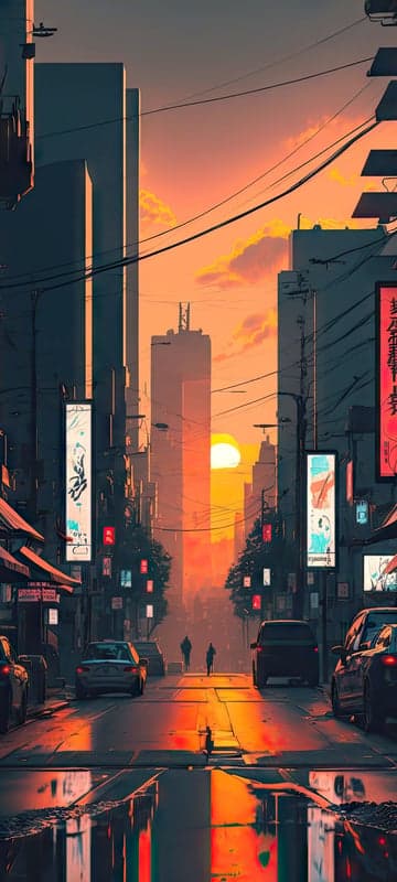 Sunset Cityscape with Wet Reflections and Silhouetted Figures