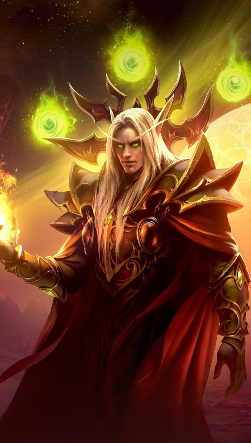 Blood elf mage with glowing green eyes and blonde hair wearing gold armor with three floating green spheres.