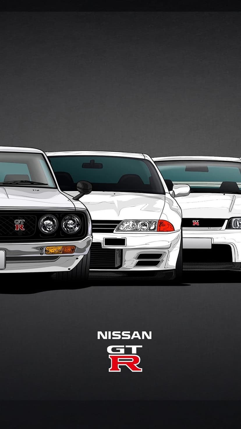 Three generations of white Nissan GT-R sports cars stacked vertically against a stark black minimalist backdrop.