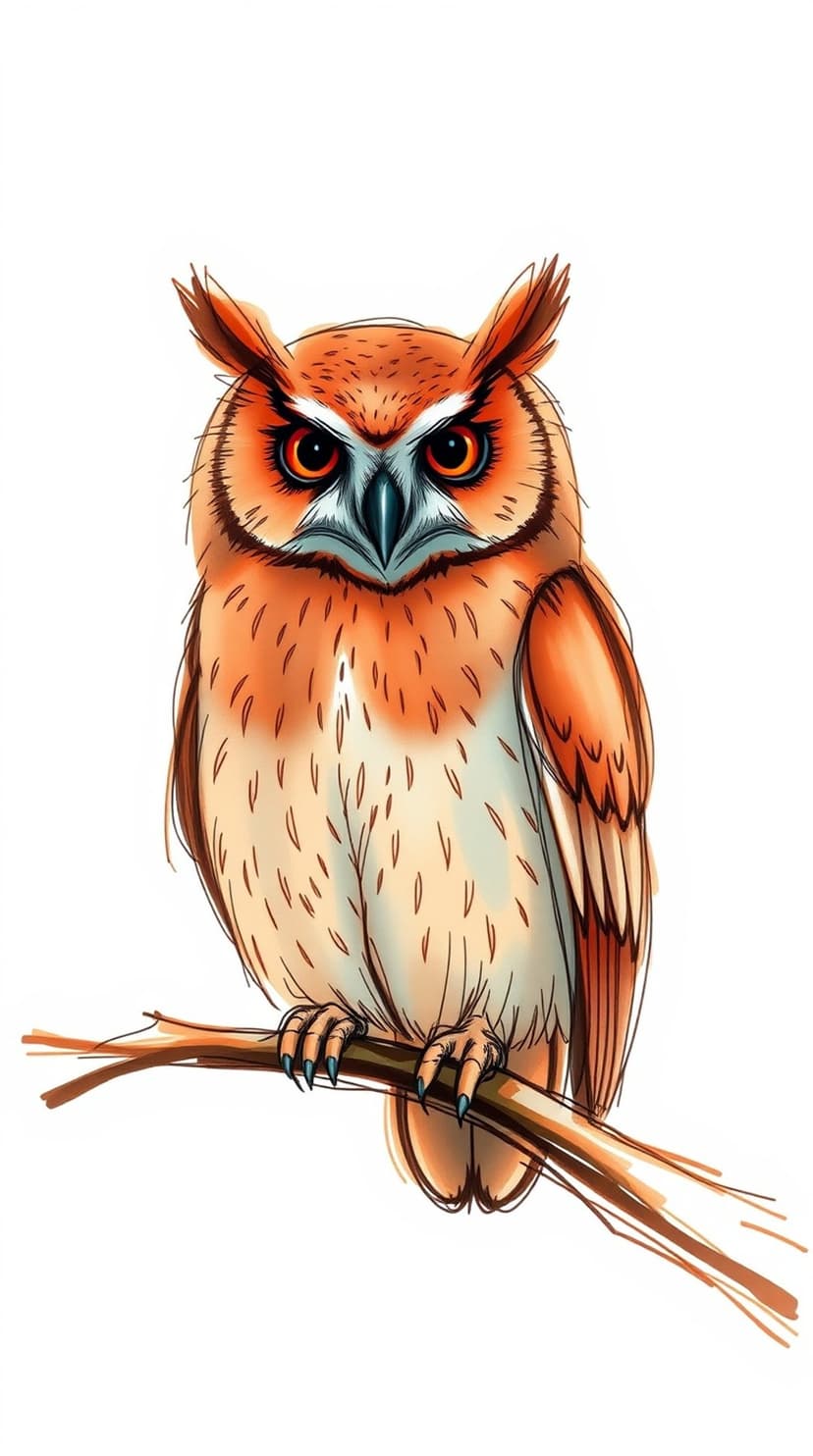 Orange owl with golden eyes and sharp talons perches on a brown branch against a clean white background.