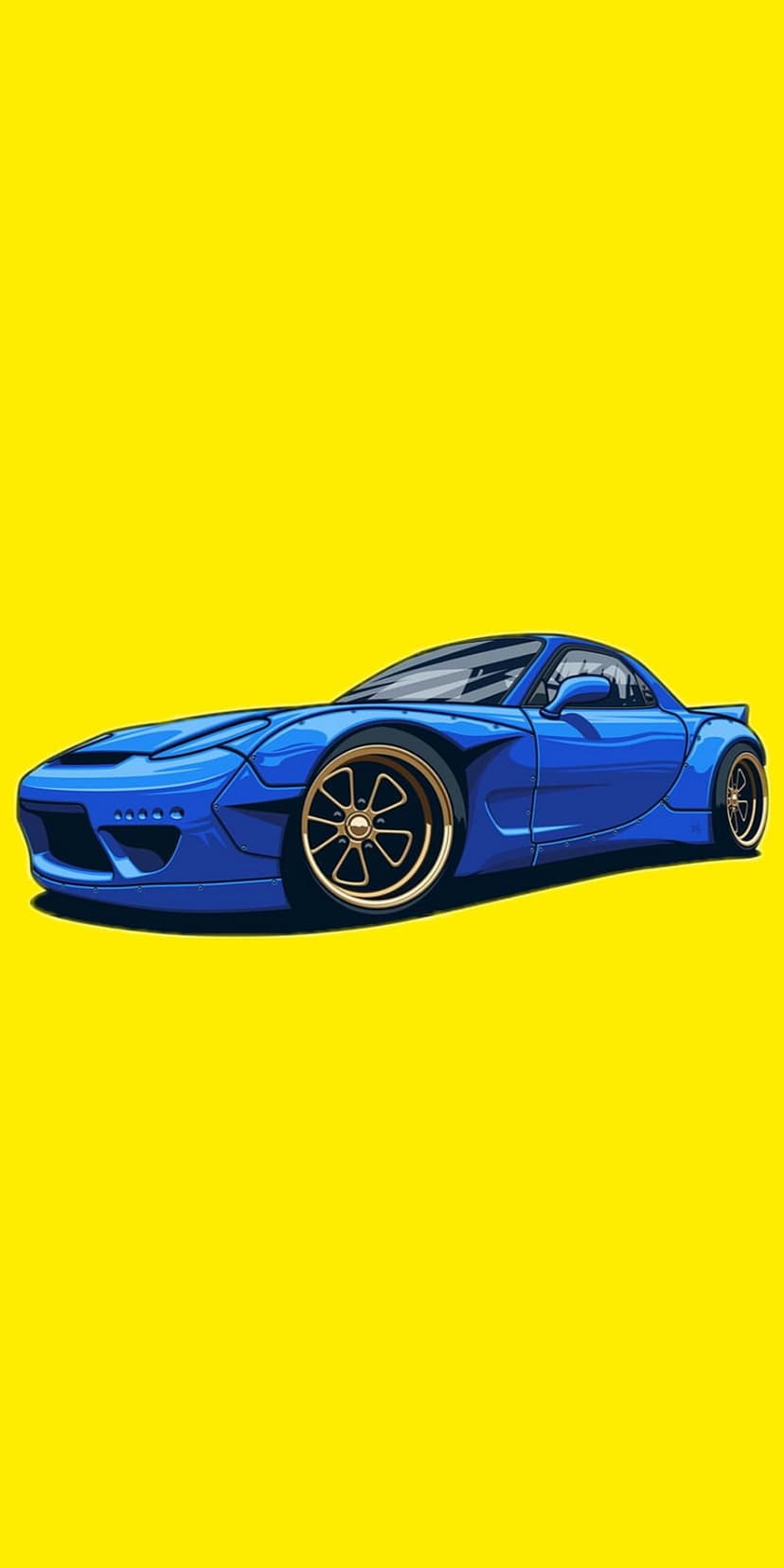 Blue sports car with gold rims and sleek aerodynamic lines parked against a solid, vibrant yellow backdrop.