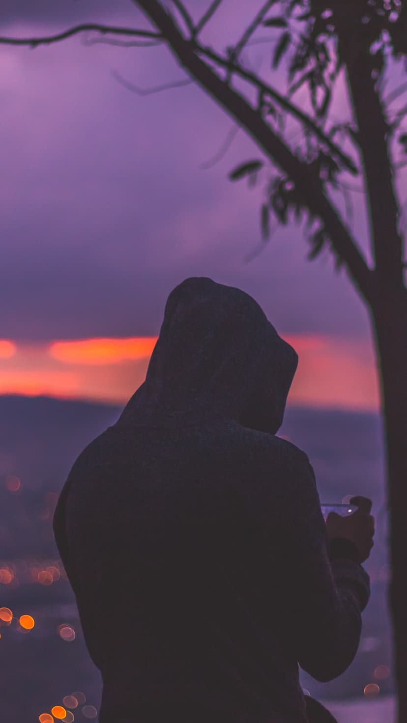 Hooded person stands against a purple sunset sky overlooking blurred city lights from an urban overlook.