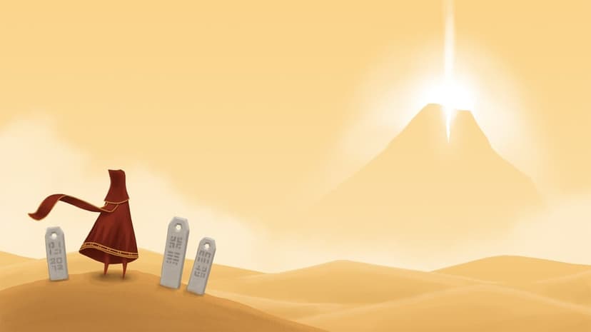 Traveler in a red cloak standing on sand dunes next to stone pillars facing a glowing split mountain in the desert.