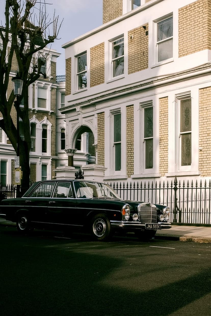 Black vintage Mercedes-Benz parked on a London street beside a pale brick Victorian building with sash windows.