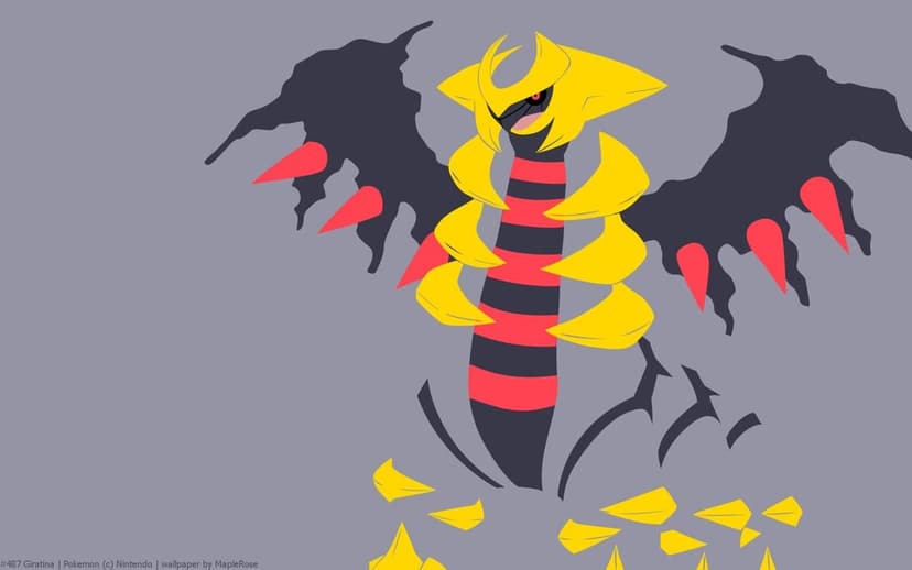 Giratina Origin Forme in minimal vector style with black wings and yellow armor against a flat gray background.