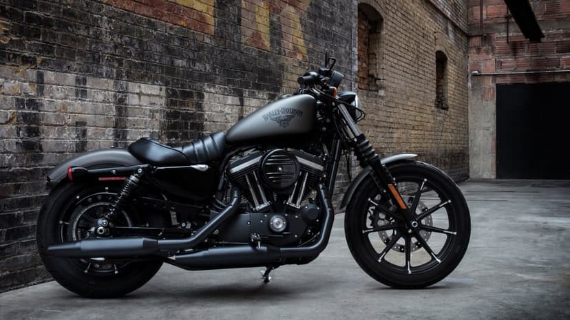 Profile view of a matte grey Harley-Davidson motorcycle in a textured brick alleyway with soft lighting.