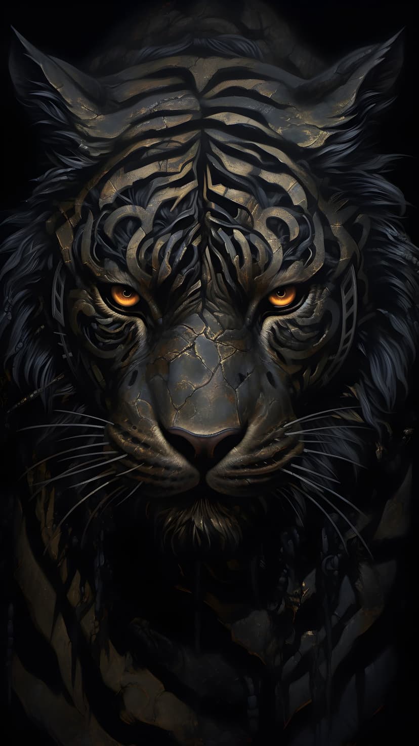 Robotic tiger face with glowing orange eyes and cracked metallic plates against a dark, minimalist background.