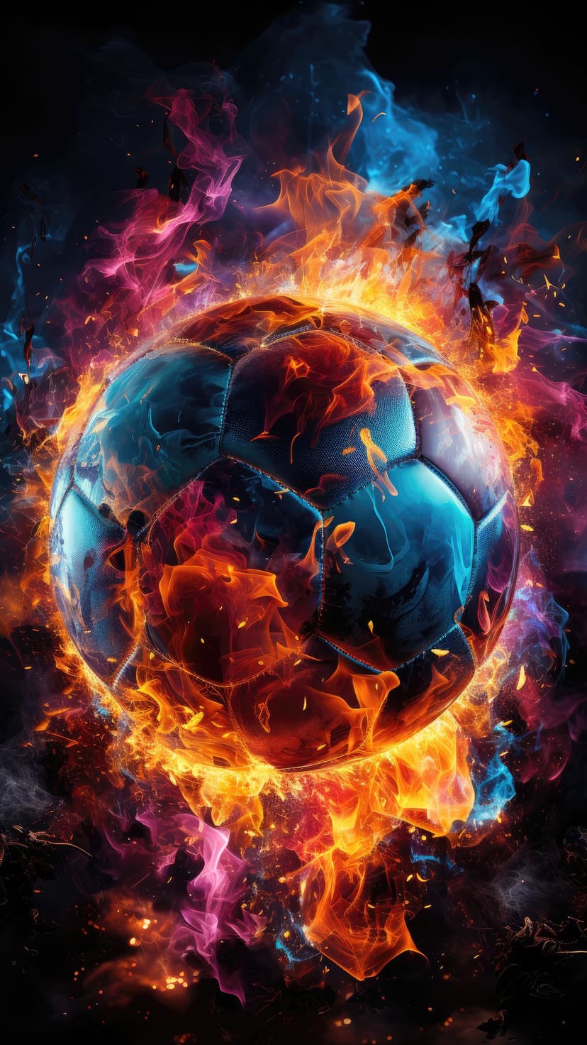 Soccer ball engulfed in orange flames and purple smoke swirls with glowing embers and a dark background.