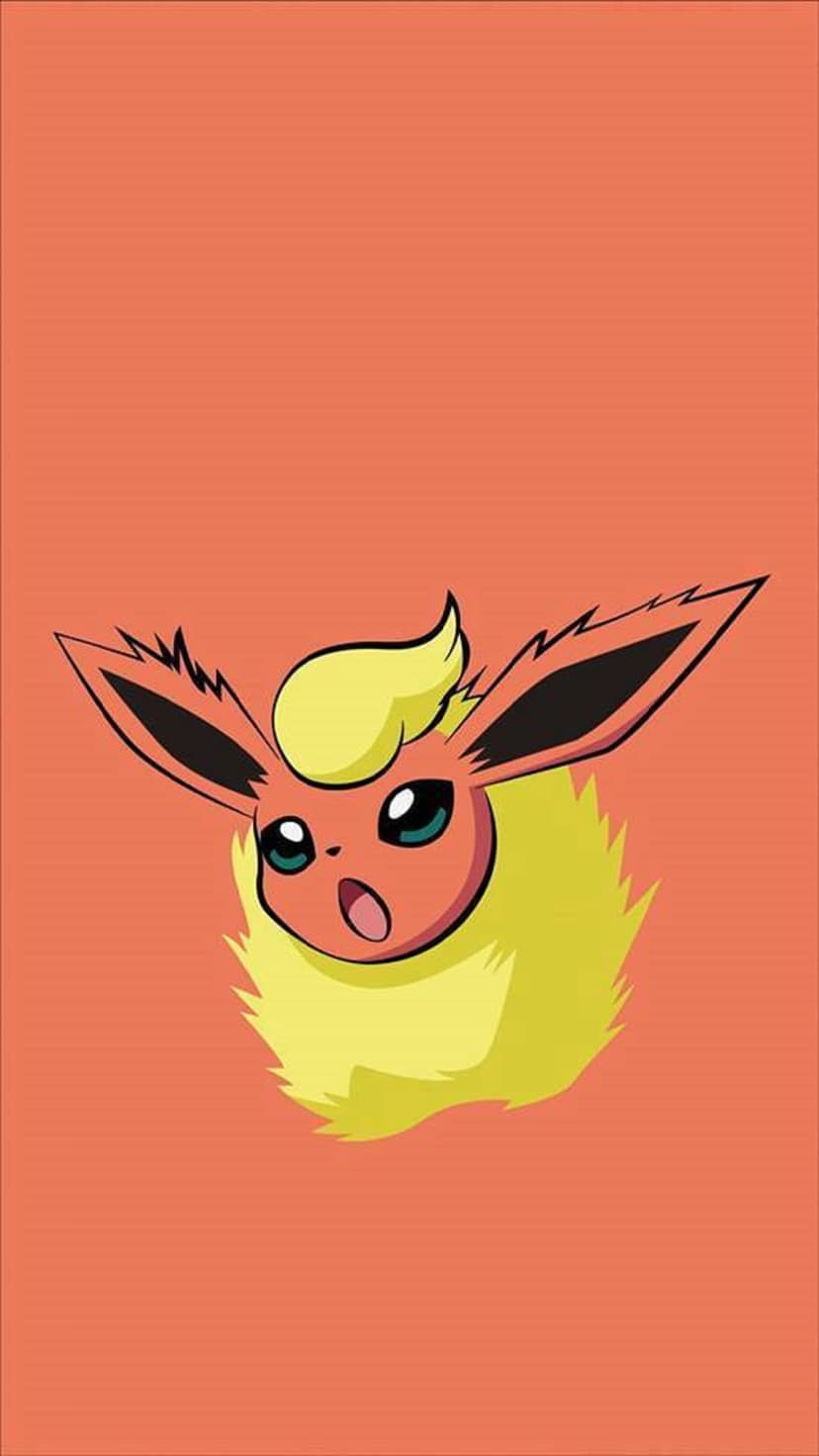 Flareon peeks from the side with a fluffy cream mane and large eyes against a solid warm orange background.