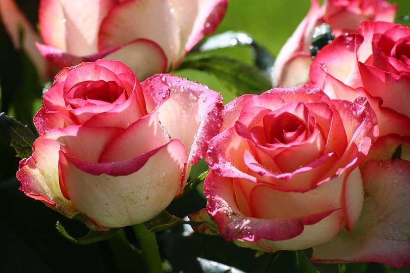 Pink and white rose petals covered in tiny water droplets with a soft-focus background and vibrant fuchsia edges.
