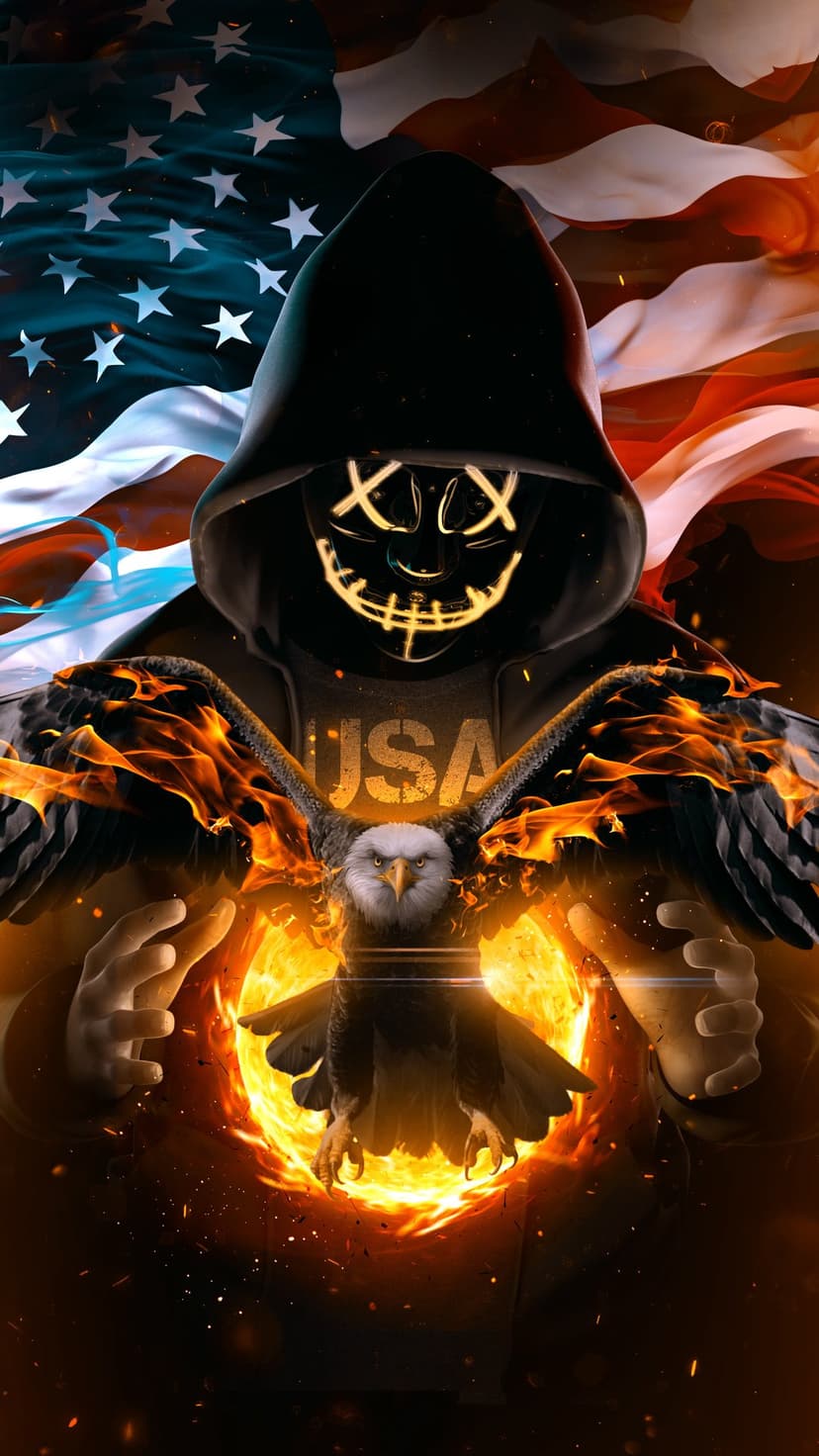 Masked figure in a USA hoodie stands before a flaming eagle and American flag in a dark vertical composition.