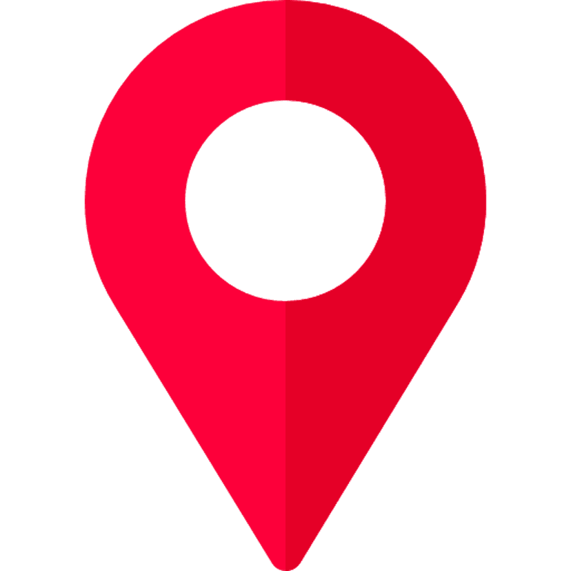 Red location pin icon features a solid teardrop shape and circular cutout centered on a clean background.