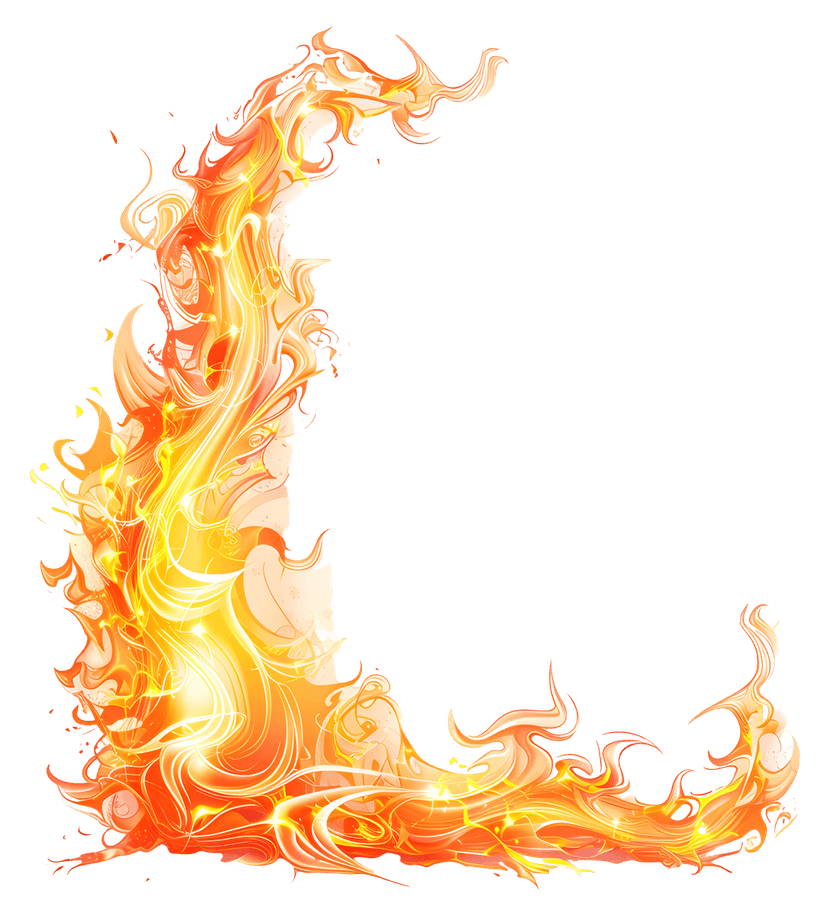 Flaming corner border illustration features vibrant orange red glows and sharp heat sparks on a transparent base.