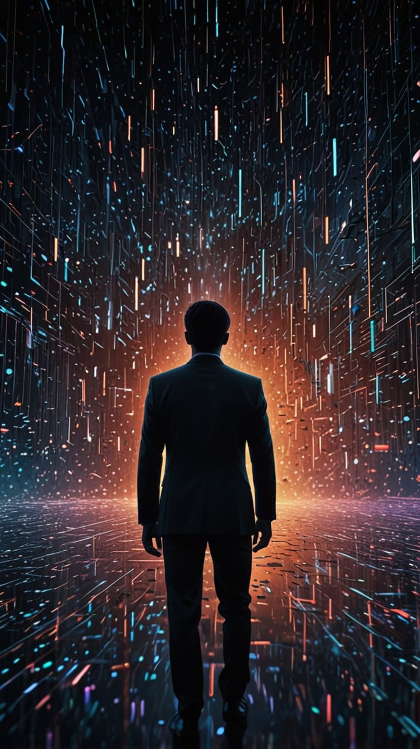 Man in a dark suit faces a luminous neon digital grid with floating binary code and glowing particles of light.