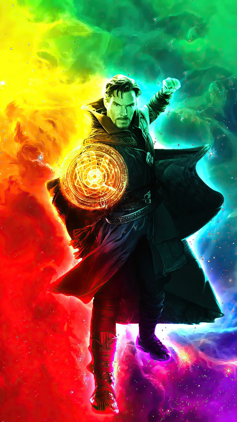 Doctor Strange performs a mystical spell with glowing orange energy circles amidst a vibrant rainbow nebula cloud.