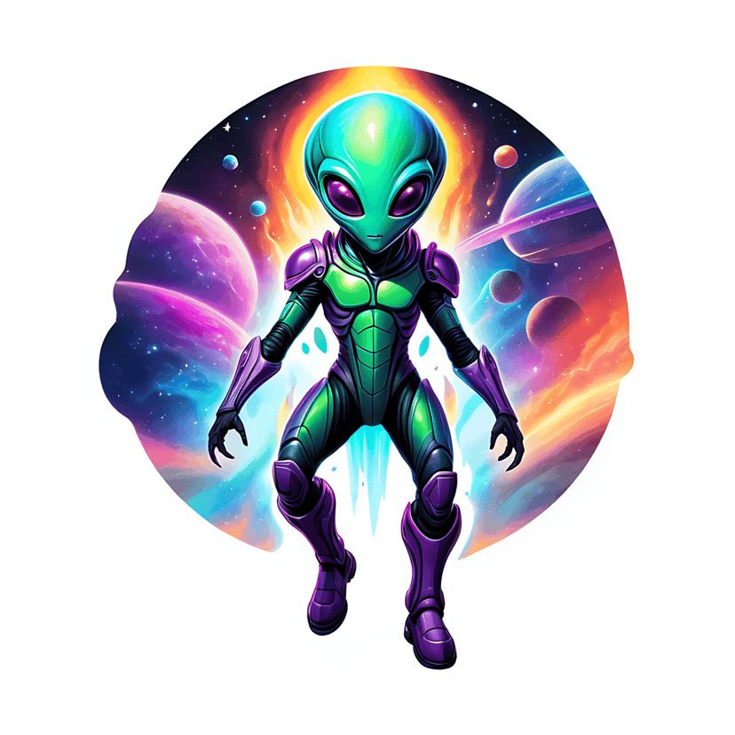 Extraterrestrial sticker with teal head and purple armor floats against a cosmic sun and planetary nebula.