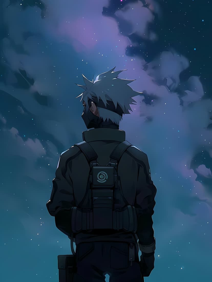 Kakashi Hatake stands before a swirling blue and purple starry sky with his back turned in a pensive stance.