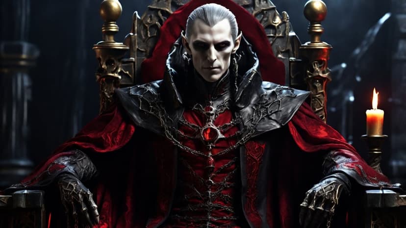 Vampire king in a red cloak sits on a carved throne while candle light illuminates his gaunt face and dark eyes.