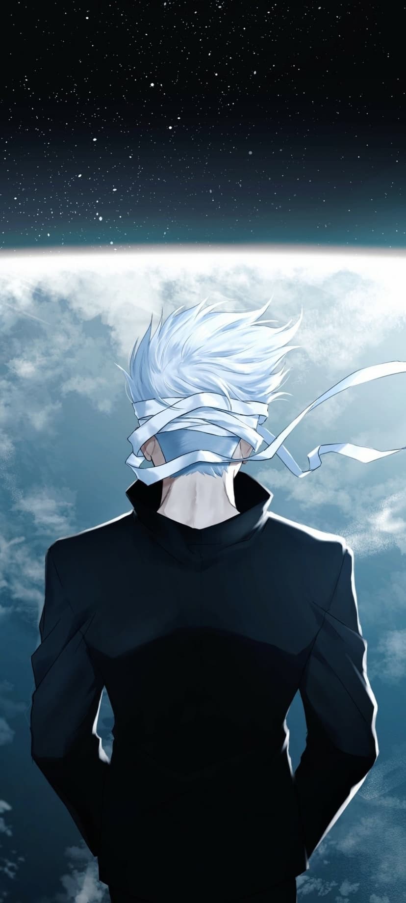White-haired man wearing a black blindfold and dark jacket stands before a starry night sky with purple clouds.