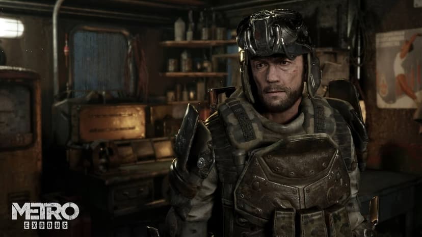 Bearded soldier in heavy metal armor and tactical helmet stands in a dark, cluttered industrial workshop.