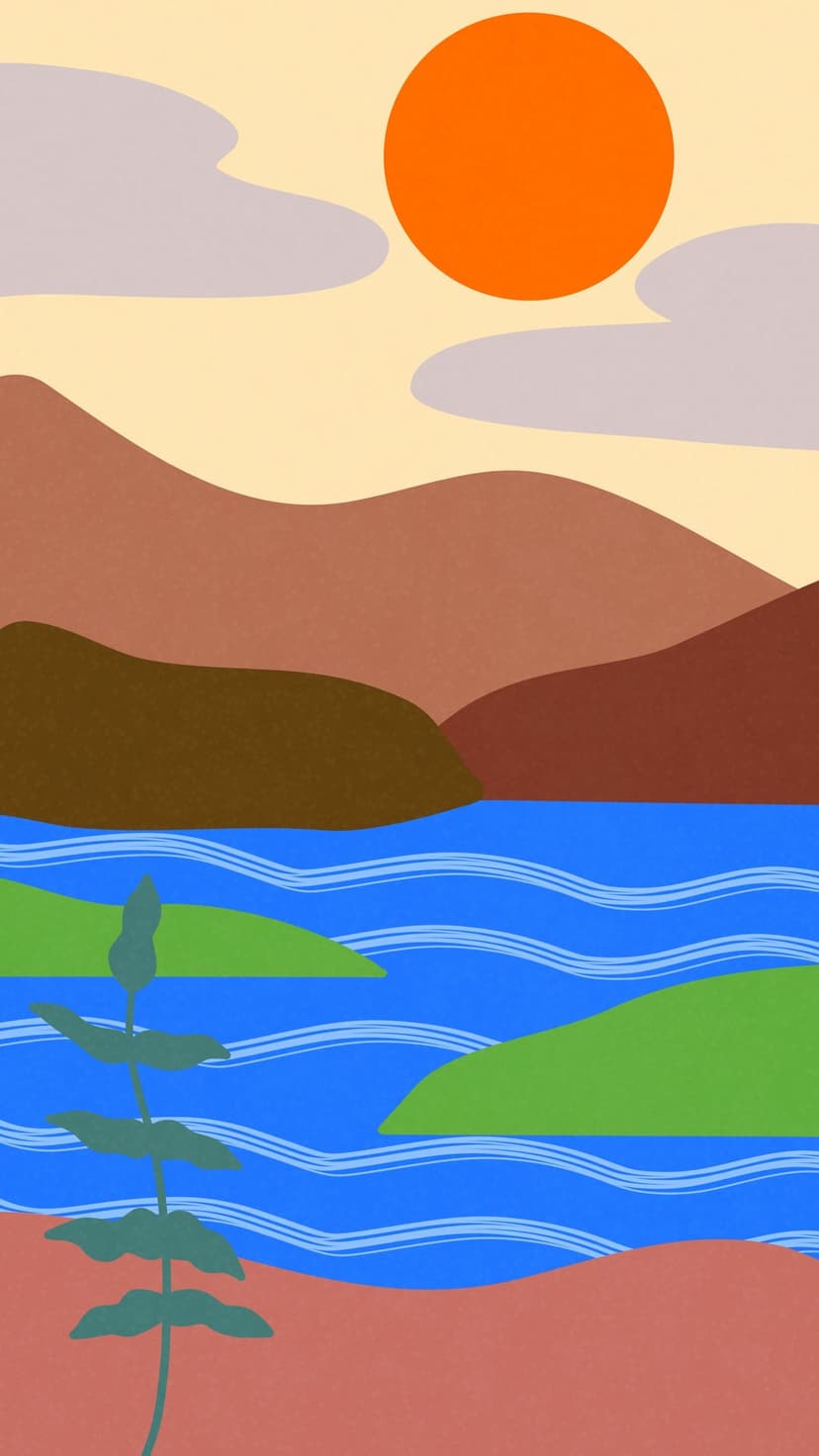 Brown rolling hills beneath a bright orange sun and pale sky, featuring a small green plant in front.