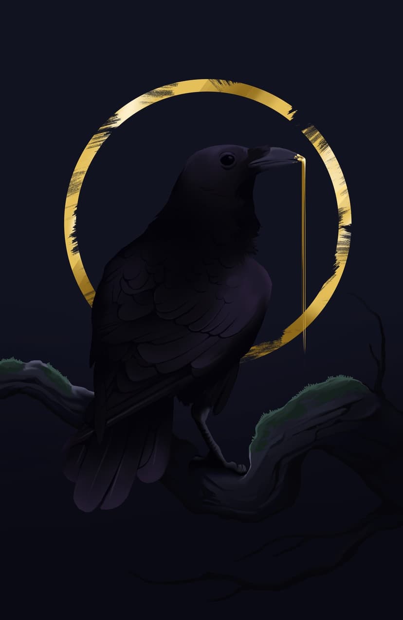 Black crow with a golden halo and dripping gold beak perches on a mossy branch against a dark blue background.