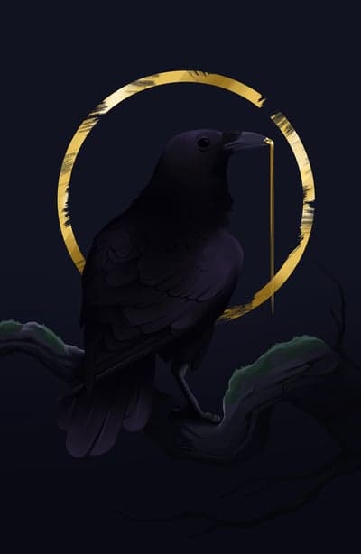 Golden Arc Crow Perched on Mossy Branch