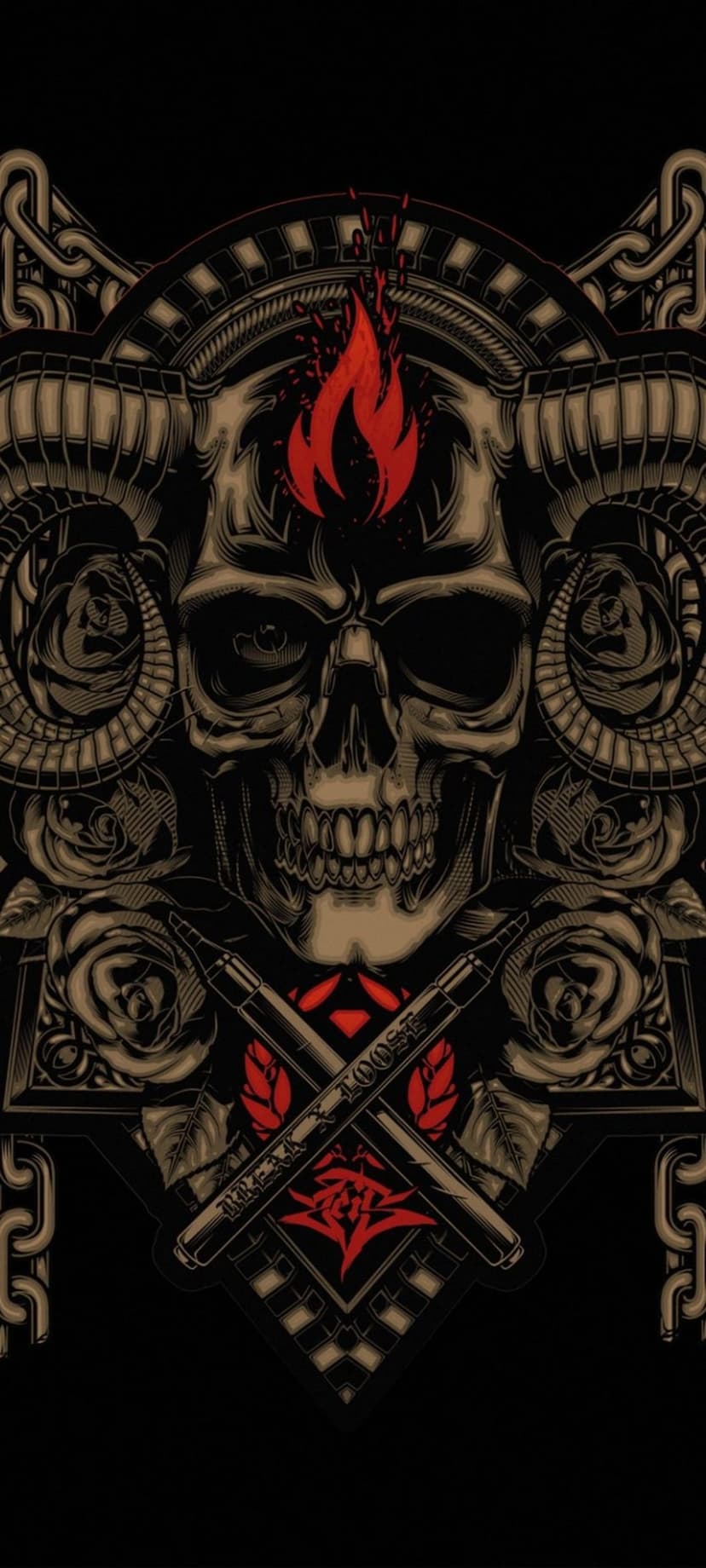 Horned skull with erupting forehead flames, blooming roses, and iron chains against a dark background.